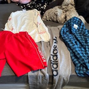 Adidas Teefoil Tee, Lifeguard swimsuit, blue flannel, and Tree foil sweatpants